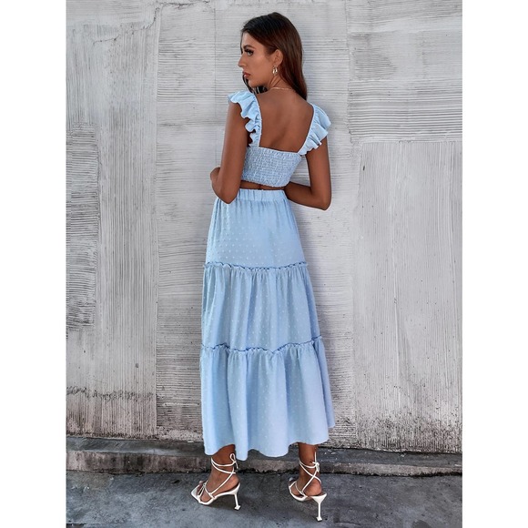 2 piece set: crop top & maxi skirt Swiss Dot Ruffle Trim Top Ruffle Hem blue - Picture 2 of 6